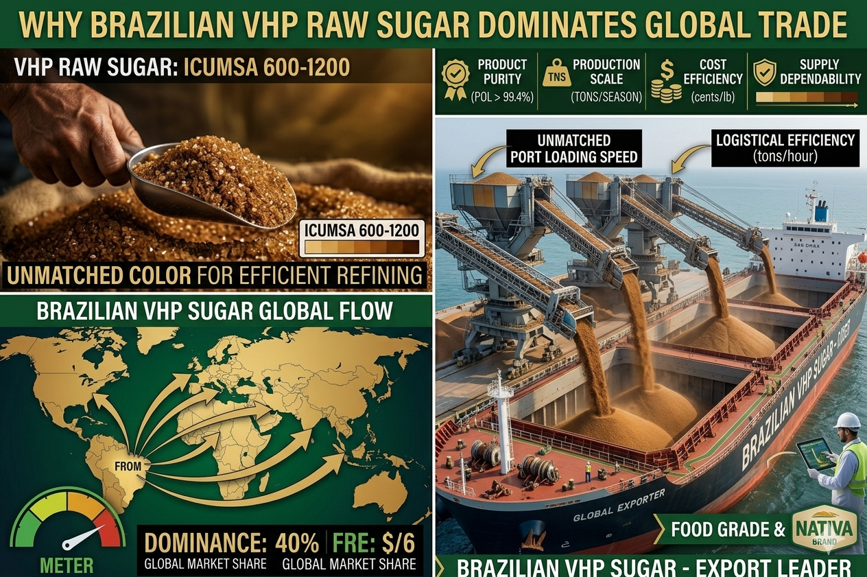 Brazilian sugarcane harvest field plantation raw sugar VHP production