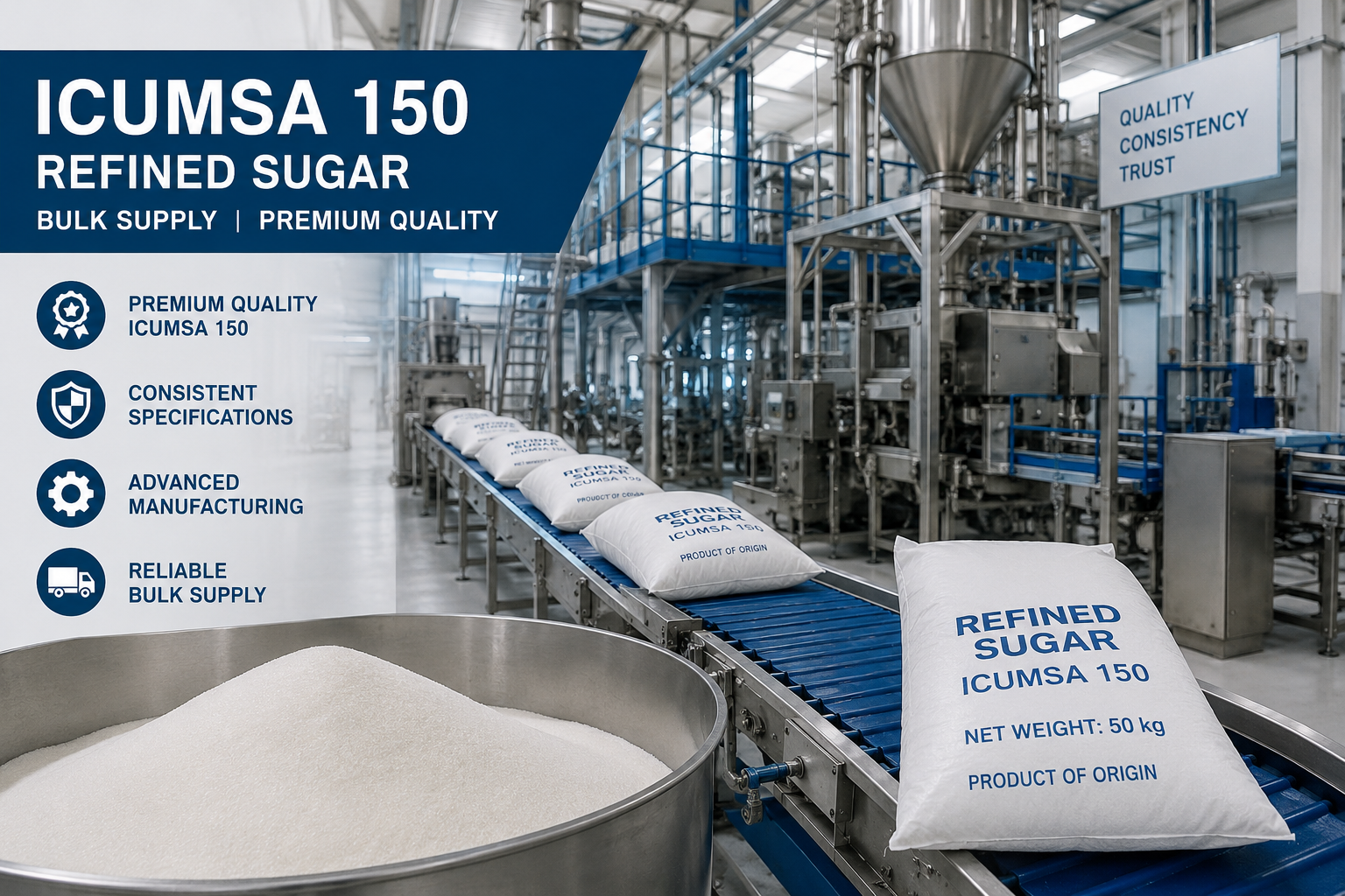 Food manufacturing production line ICUMSA 150 refined sugar bulk supply