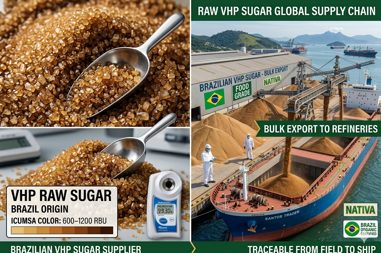 Raw sugar ICUMSA 600 1200 VHP Brazilian cane sugar bulk exporter refinery grade