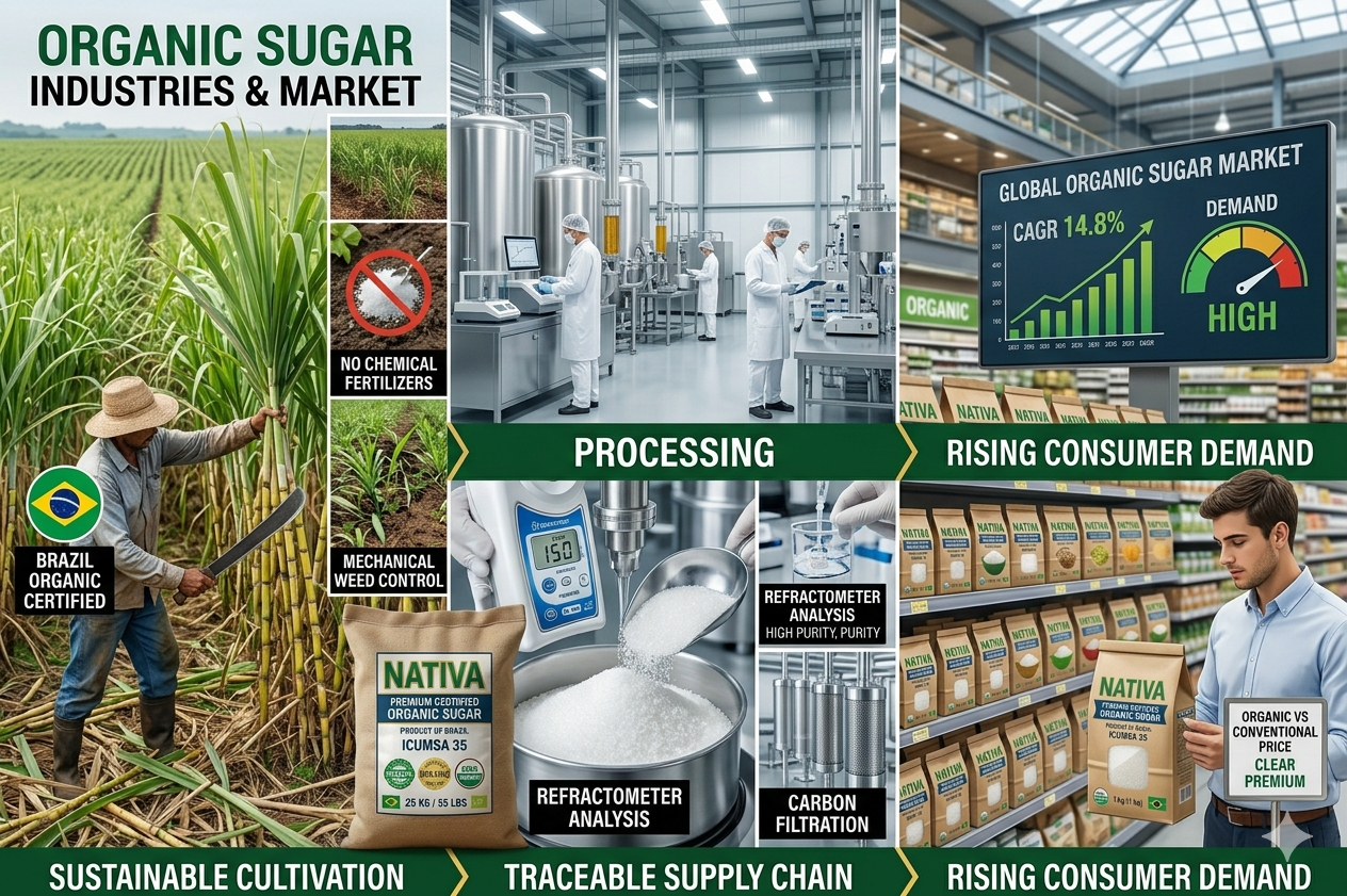 Organic sugar fair trade used in sustainable food manufacturing and natural products