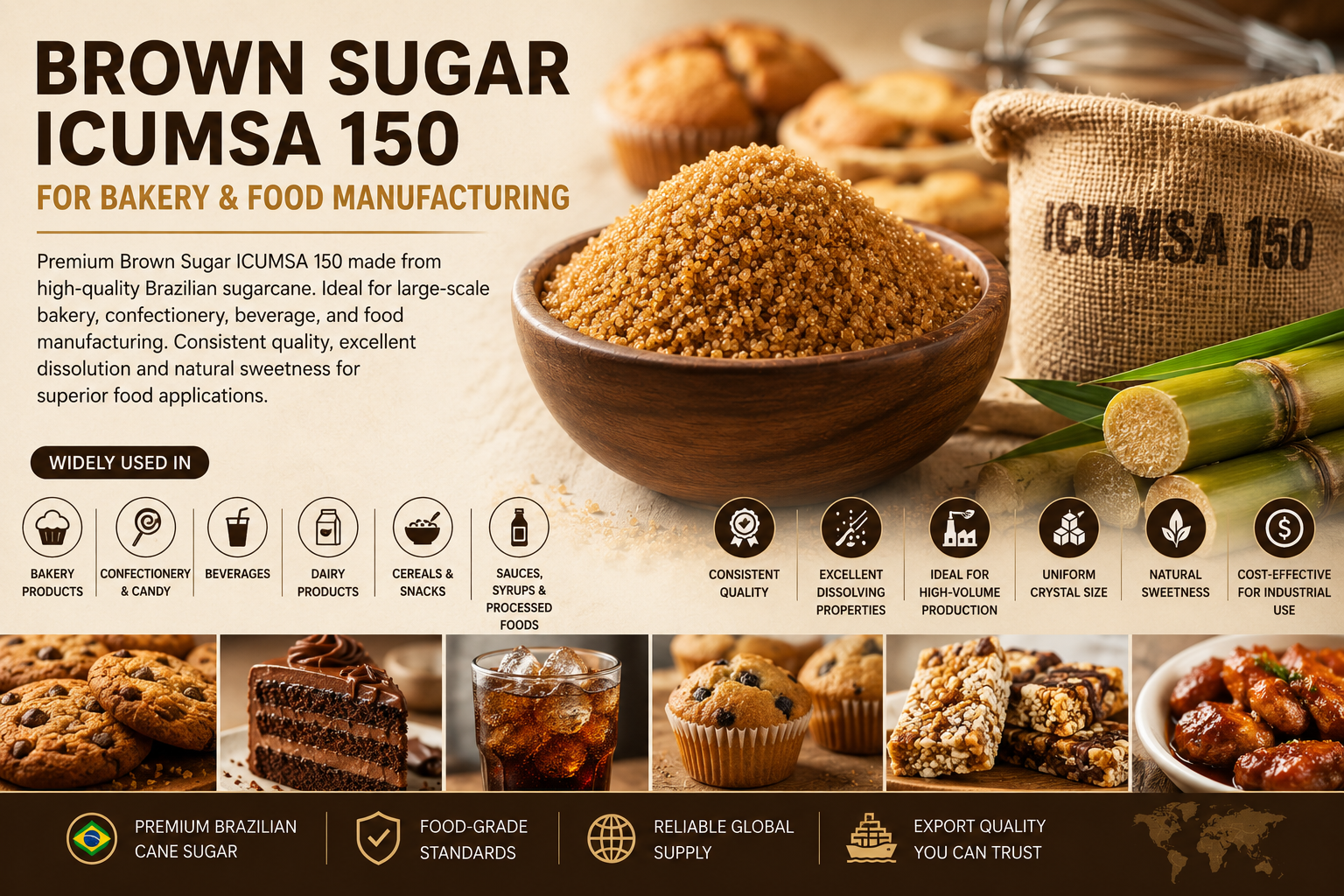 Brown sugar ICUMSA 150 used in bakery and food manufacturing